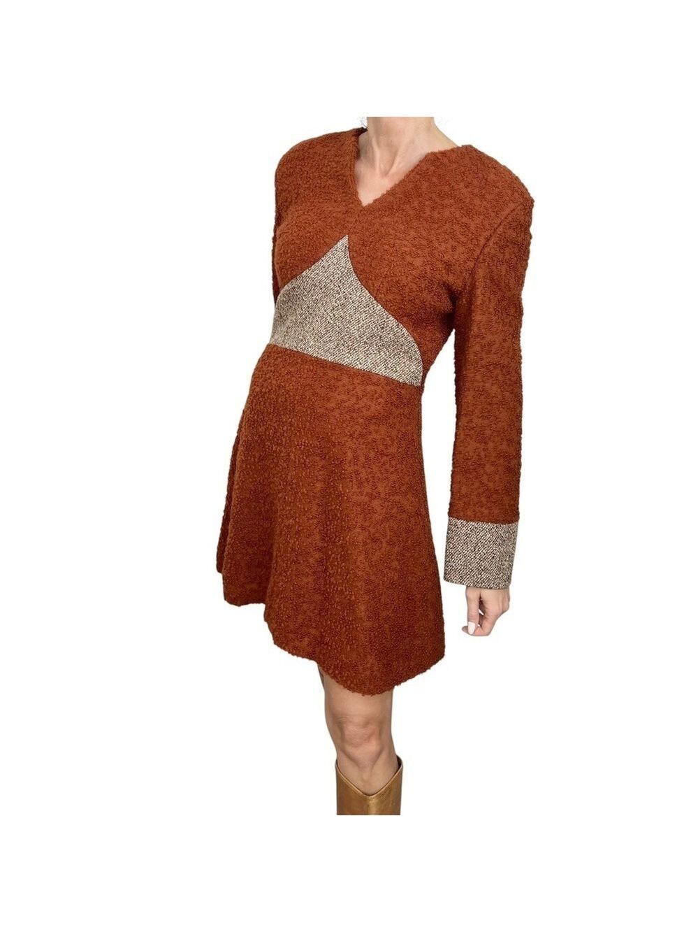 Rare vintage 60s Mod boucle rust brown a line long sleeve mini dress